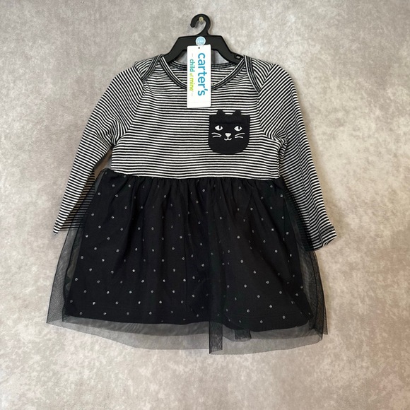 NWT Carters Black Cat Halloween Tulle Dress Size 3-6 mo Stripes Polka Dot - Picture 1 of 7
